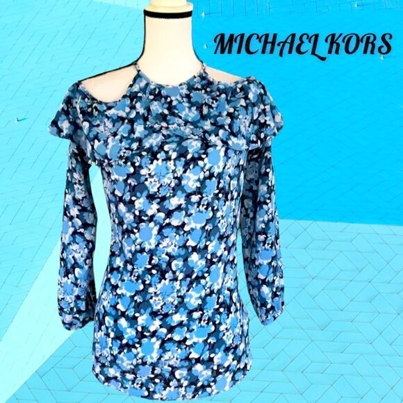 MICHAEL KORS NWT TRUE NAVY OFF THE SHOULDER FLORAL BLOUSE TOP MEDIUM - Picture 1 of 6
